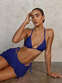 SHEIN Swim 纯色比基尼套装，含罩衫和裙子，适合度假和海滩 - 藏蓝色 - 查看 7