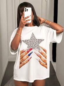 BamGleam Áo thun cổ tròn rộng rãi in họa tiết da báo và ngôi sao cho nữ - trắng - Xem 3