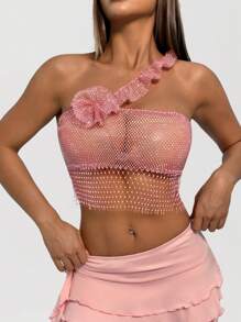EgrlEra Women's Sexy Rhinestone Fishnet Blouse, Asymmetrical Design, Suitable For Daily Dates, Bar Parties - Pink - View 6