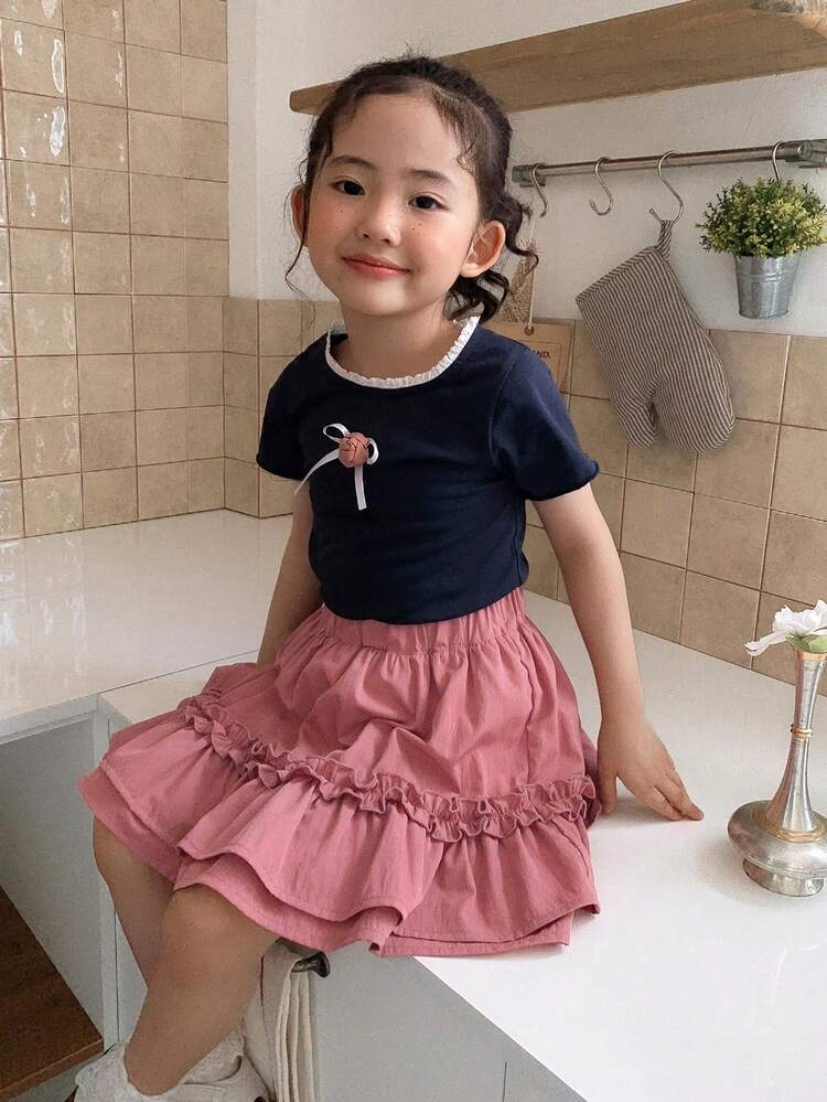 2pcs Young Girls Loose Fit T-Shirt And Lace Trim Skirt Set,Girls Summer Outfits