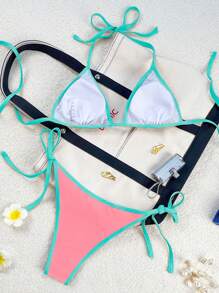 Swim Vcay 2026春夏女士吊带泳衣，珊瑚粉和湖绿撞色设计，性感侧系带比基尼套装 - 彩色 - 查看 4