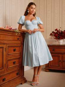 Savoree 夏季女士度假连衣裙，甜美泡泡袖，束腰，浅蓝色缎面 A 字迷你裙