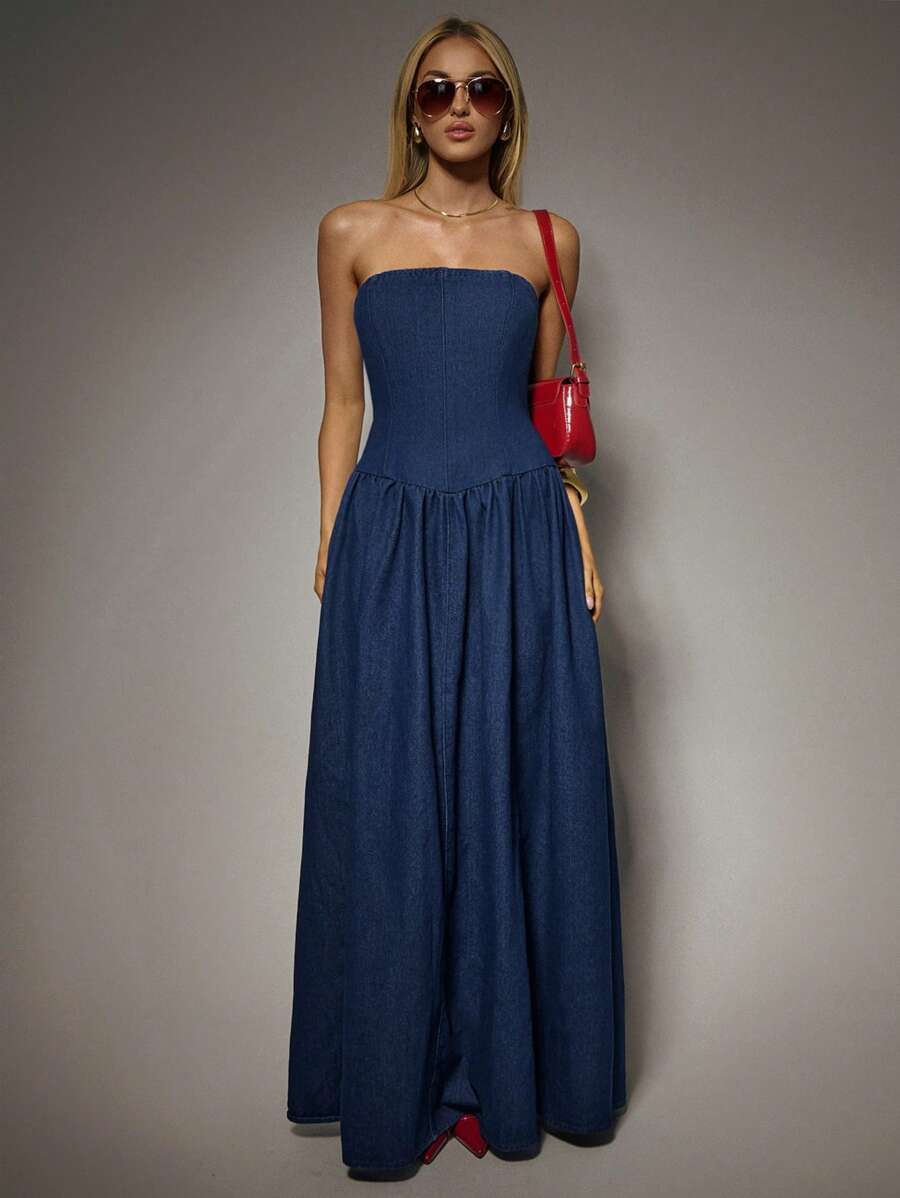 Avantive 春夏女士浪漫/舞会/正式/生日/90 年代服装/商务休闲女士/优雅/西部装/外出/时尚/休闲/Y2K 服装/俱乐部/办公室/鸡尾酒会/复古/紧身/狂欢服装节日/有趣/优雅/老钱/街头服饰/度假服装/乡村音乐会服装/工作服/端庄/春假/单身女郎服装/音乐会/坏人/基本款/毕业/A 字裙/牛仔女郎/深蓝色/露背/超长牛仔裙 - 藍色 - 查看 1