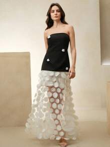 Anewsta Women's Black Patchwork With Apricot Polka Dot Mesh Strapless Fitted Long Dress, Elegant For Summer - Black - View 4