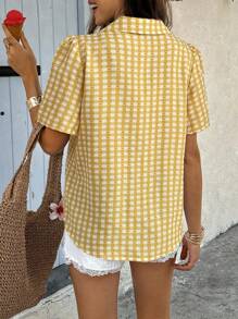 SHEIN LUNE Áo sơ mi tay ngắn kẻ caro đơn hàng khuy đơn thời trang dành cho nữ đi nghỉ - Màu vàng - Xem 2