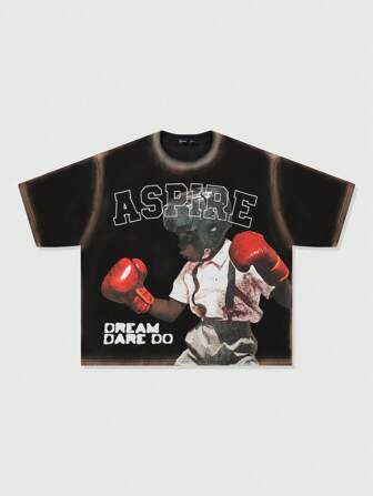 Street Life Camiseta suelta y corta para hombres con estampado de boxeo/luchador y franja lateral