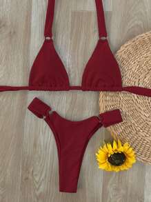 Swim SXY Women 2pcs Beachwear Outfits, Fashion Summer Strap Solid Color Suit Red Bikini Set