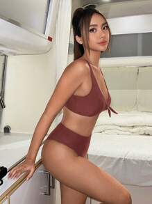 Swim Mod Vacation Beach Solid Color Tankini Swimsuit Set For Summer - Brown - View 5