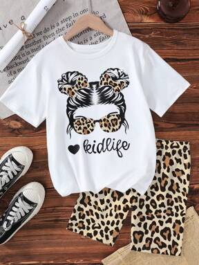 SHEIN GraphicGems Tween-Mädchen 2-teiliges Set mit Rundhalsausschnitt und kurzen Ärmeln im Leopardenmuster- und Blumenmuster-Stil sowie engen Shorts mit Leopardenmuster, lässiges und bequemes Outfit für den Sommer zu Hause oder im Freien