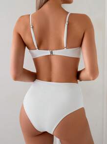 Swim Chiccia Set Bikini Wanita Musim Semi/Panas 2025 Elegan untuk Liburan, Tali Manik-Manik Cangkang Logam, Pinggang Tinggi, Pengontrol Perut, Warna Cokelat - Putih - View 2