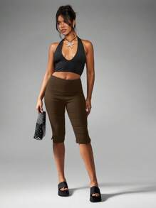 MISSGUIDED 卡普里长度修身高腰踏板推杆开衩下摆弹性性能长裤合身中筒运动裤非常适合瑜伽和健身 - 咖啡棕 - 查看 3