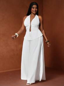 Veslaya New Backless Textured Crop Top And Wide Leg Pants Set, Sexy Party/Back To School Look, Plus Size, All White Party Outfit - White - View 3