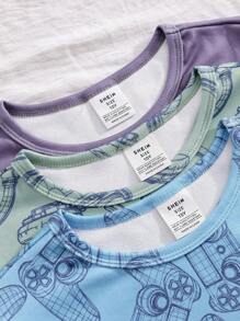 青少年男孩六件套睡衣套装，带数字游戏印花、短袖上衣和紧身裤，时尚酷炫的睡衣 - 彩色 - 查看 4