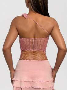 EgrlEra Women's Sexy Rhinestone Fishnet Blouse, Asymmetrical Design, Suitable For Daily Dates, Bar Parties - Pink - View 2