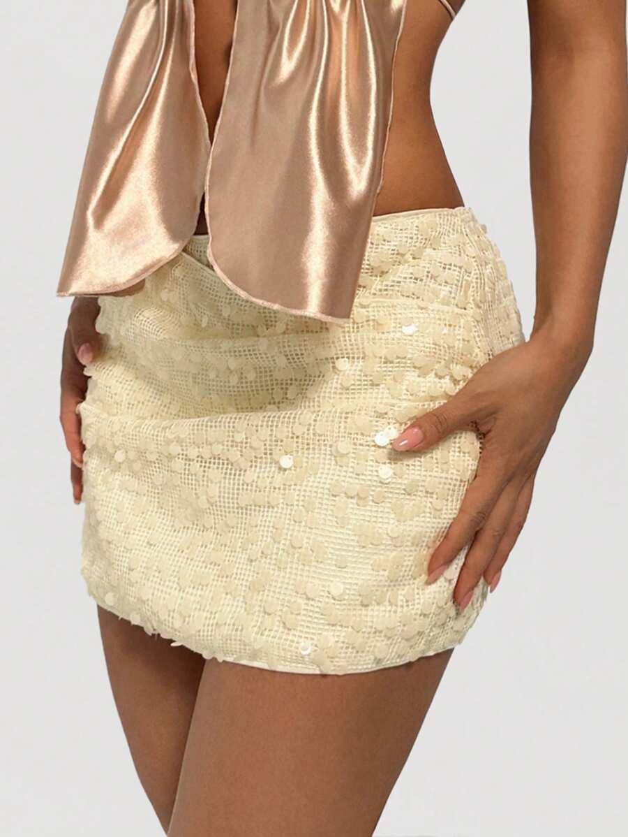EgrlEra Women's Solid Color Splicing Sequin Embellished Elegant Short Skirt - Apricot - View 1
