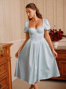 Savoree 夏季女士度假连衣裙，甜美泡泡袖，束腰，浅蓝色缎面 A 字迷你裙