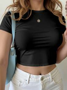 INAWLY 大码圆领短袖T恤，夏季时尚 - 黑色 - 查看 1