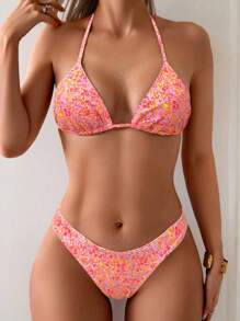 SHEIN Swim Women's Summer Beach Random Ditsy Floral Tie-Neck Sexy Bikini Swimsuit 2-Piece Set - Multicolor - View 1