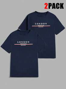 RueChic Men Cottonline 2pcs Letter Printed Regular T-Shirts - Navy Blue - View 1