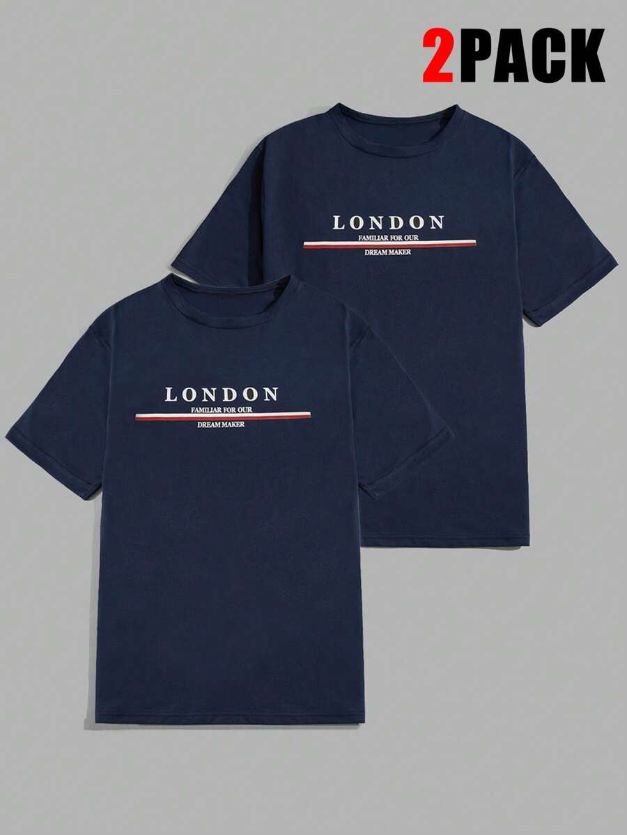 RueChic Men Cottonline 2pcs Letter Printed Regular T-Shirts - Navy Blue - View 1