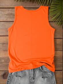SHEIN LUNE Blusa sin mangas de cuello redondo con estampado de letra de palmera, estilo vacacional, para tallas grandes de mujer