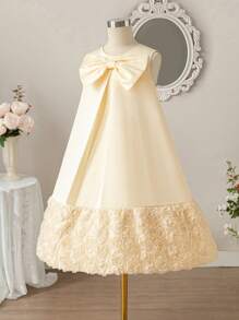 Tween Girl 3D Flower Patchwork Big Bow Decor Round Neck Sleeveless A-Line Dress