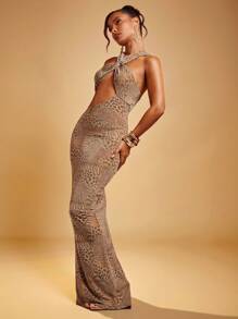 Hauture Women's Sexy Vacation Front Crossover Halter Neck And Side Cut Out Leopard Foil Knit Maxi Dress, Party Dress
