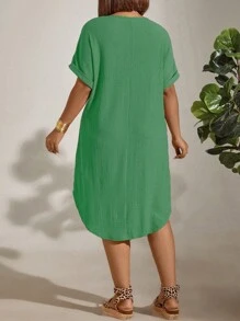 Linhara Plus Size Solid Color Short Sleeve Round Neck Dress, Fashionable For Summer