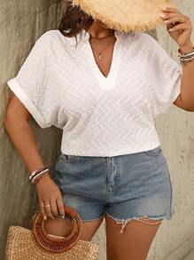 SHEIN LUNE Women Plus Size Solid Color Textured Scoop Neck Batwing Sleeve T-Shirt, Suitable For Summer Holiday - White - View 5