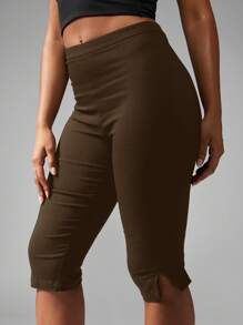 MISSGUIDED 卡普里长度修身高腰踏板推杆开衩下摆弹性性能长裤合身中筒运动裤非常适合瑜伽和健身 - 咖啡棕 - 查看 4