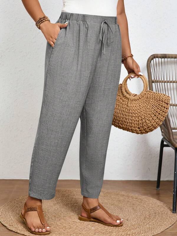 SHEIN Frenchy Plus Size Solid Color Casual Trousers With Elastic Waist And Diagonal Pockets,Summer Pants