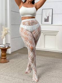 Celure Women Plus Size Elegant White Lace Knit Leggings - White - View 6