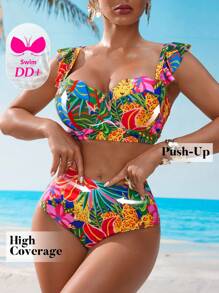 Swim DD+ DD+ 1/2 Cup Ruffled PUSHUP High-Waist Bikini Set, Romantic Style For Summer Beach Vacation - Multicolor - View 6