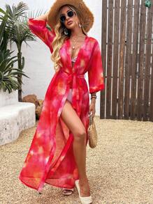 Swim Vcay 1 件女士雪纺印花系带前 3/4 袖和服罩衫，适合夏季海滩度假 - 橘色 - 查看 4