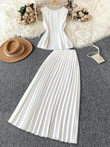 DreamSkyne 大码女式两件套浪漫优雅抽绳腰无袖上衣和百褶裙套装，春夏季度假装