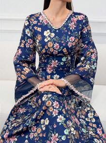 Al Najma 女士优雅花卉印花喇叭袖土耳其和阿拉伯风格长裙，朴素的卡夫坦 - 藏蓝色 - 查看 5