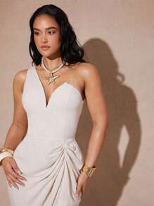 Silquee Vestido midi elegante de verano para mujer con un hombro y dobladillo fruncido asimétrico - Beis - Ver 3