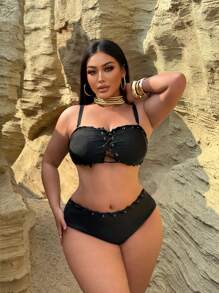 Swim SXY Plus Size Solid Color Crossed Strap Swimsuit Set, Vacation Beach - Black - View 3