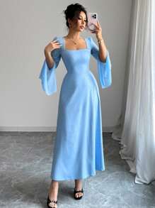 Elenzga 女式雪纺亮片网眼拼布喇叭袖连衣裙 - 藍色 - 查看 6