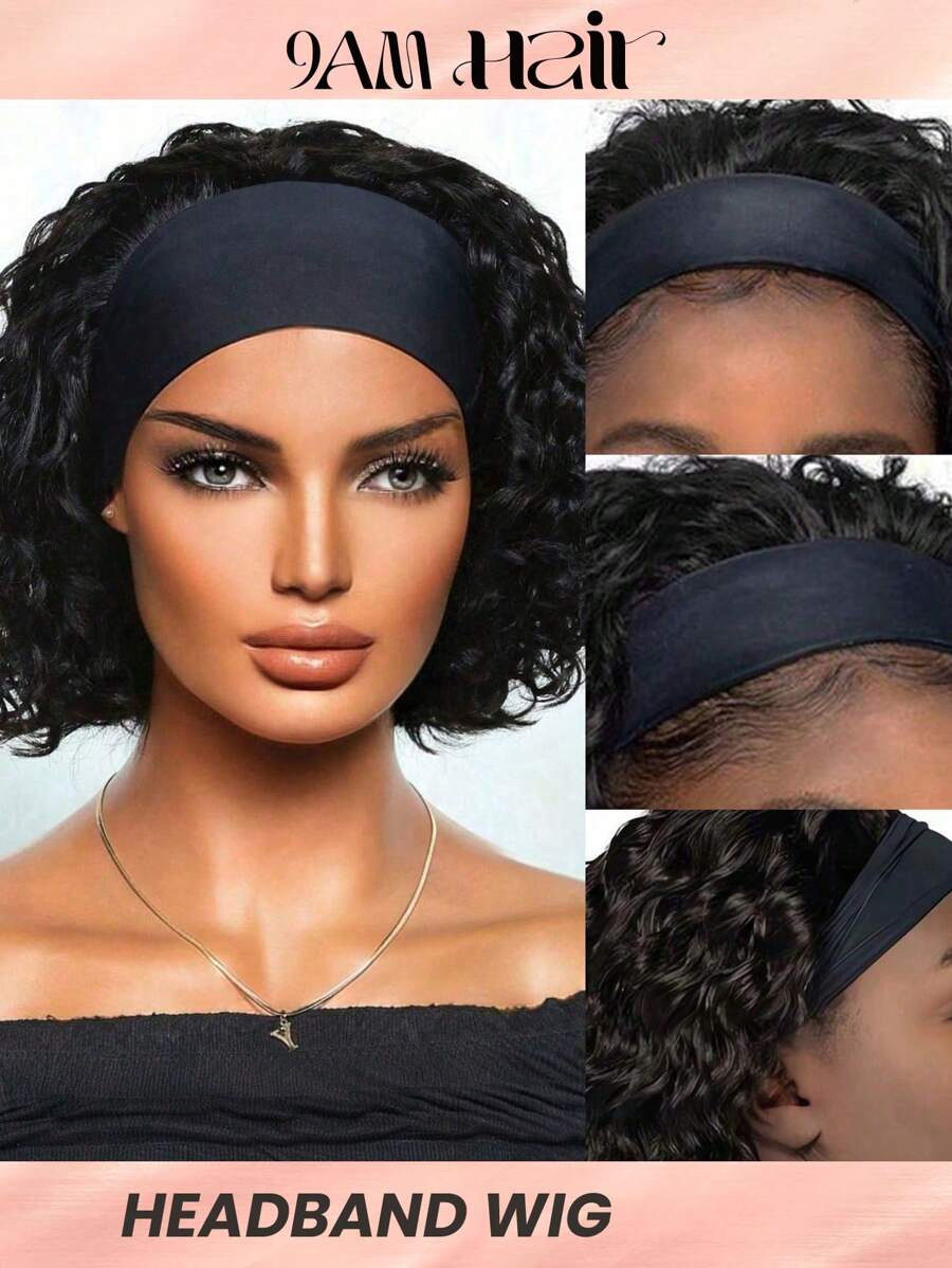Water Wave Headband Wig Short Human Hair Wigs With Head Band  Affordable Hair Replacement Headbands Wig Ready Wear To Go Daily Use Natural Black Color - Natural Black - View 1