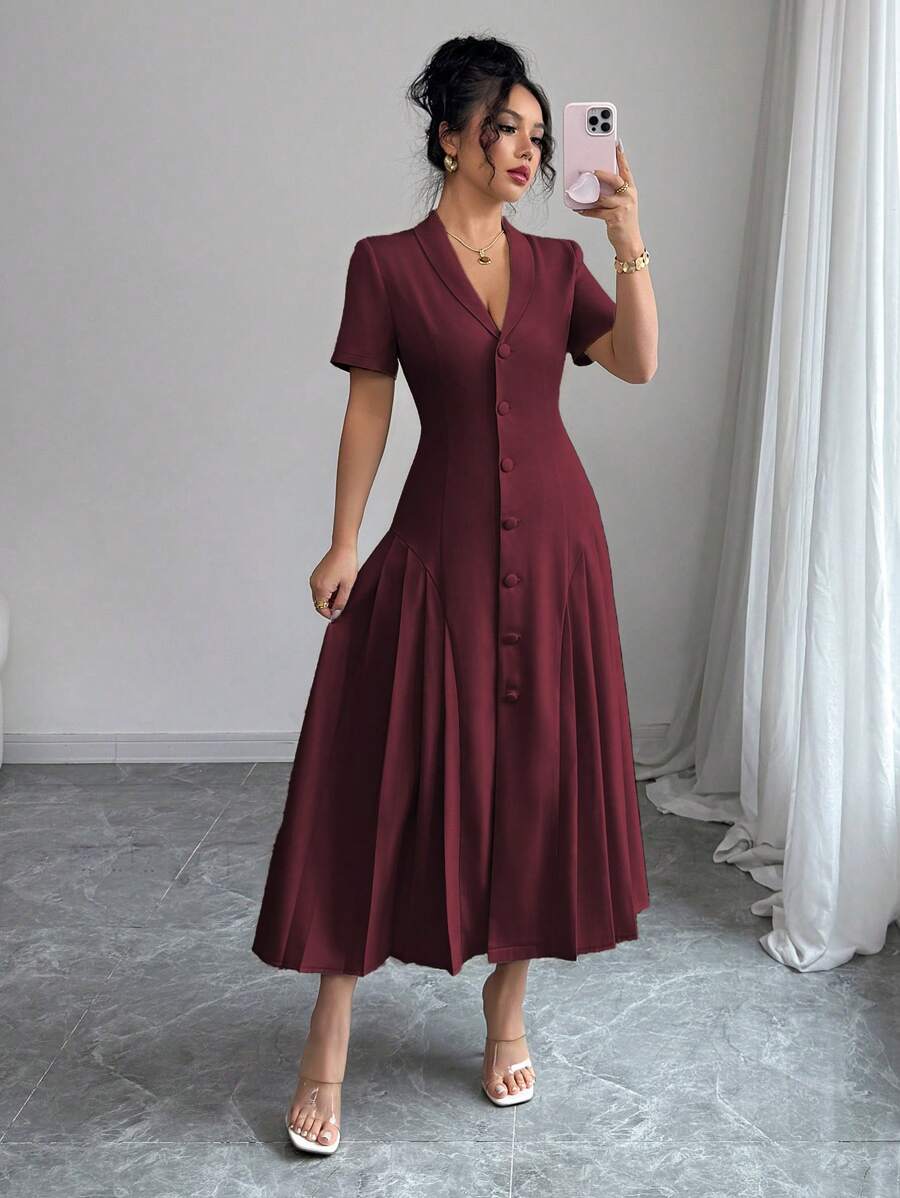 Selianne Đầm Maxi trang trọng thanh lịch kiểu Pháp cho nữ mùa xuân/hè cổ Peter Pan đơn giản thắt nút eo chữ A xếp ly hai bên tay ngắn xếp ly - Màu Tím - Xem 1