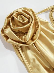 Celure Große Größen einfarbiges 3D Blumen Dekor Kleid mit tiefem drapiertem Ausschnitt und rückenfrei, sexy Party Kleid