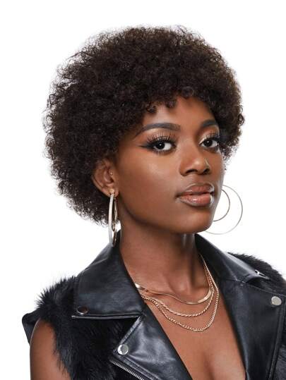 Afro Kinky Curly Bangs Wig For Women Straight Pixie Cut Short Human Hair Wig Soft Curly Afro Wig Natural Looking For Daily Use Dark Brown Color