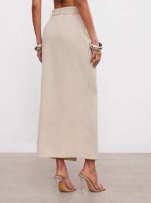 Hauture Women's Simple Casual Belted Split Hem Skirt, Summer - Khaki - View 3