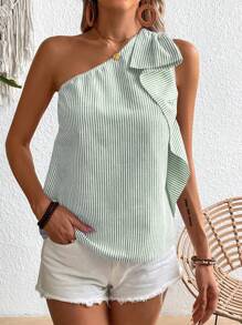 Calvaya Women's Asymmetric Neckline Sleeveless Striped & Printed Casual Shirt, Summer One Shoulder Top