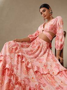 Swim Oasis 女式七分袖圆环系带性感印花衬衫 - 粉色 - 查看 6