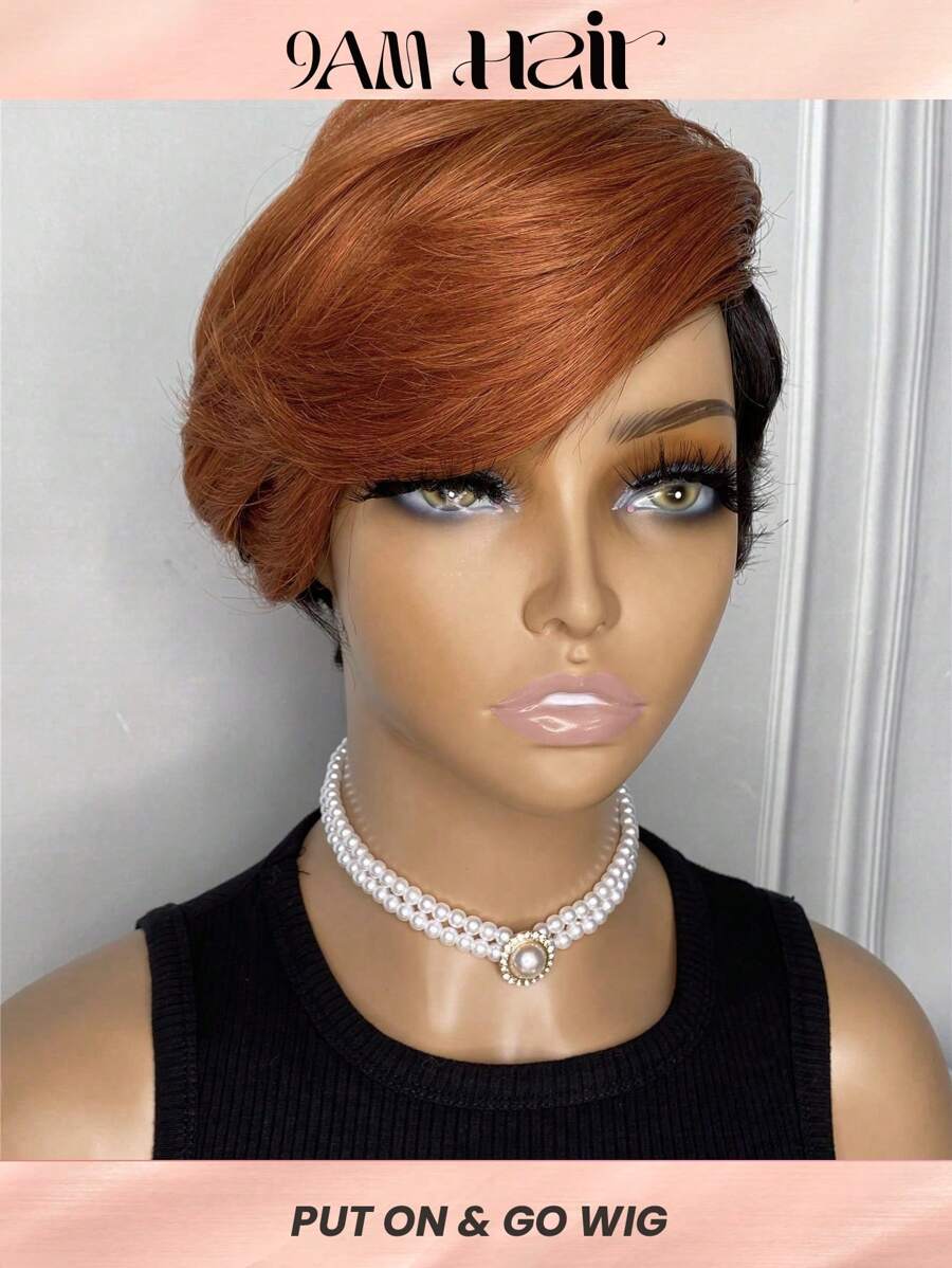 Short Straight Colored Human Hair Wig With Bangs - S1/Orange - View 1