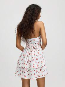 SHEIN MOD Women's Spaghetti Strap V-Neck Cherry Print Mini Dress, Summer Holiday Dress - White - View 2