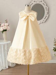 Tween Girl 3D Flower Patchwork Big Bow Decor Round Neck Sleeveless A-Line Dress