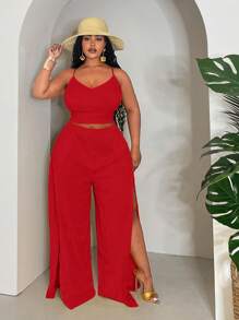 Slaydiva 加大码修身吊带背心和前开衩长裤两件套服装，纯黄色，夏季度假，两件套夏季服装 - 紅色 - 查看 6